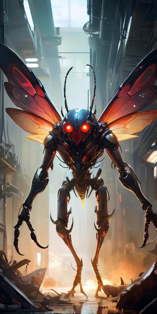 A swarm of insectoid creatures with chitinous exoskeletons and glowing red eyes buzz ominously around a derelict space sta...