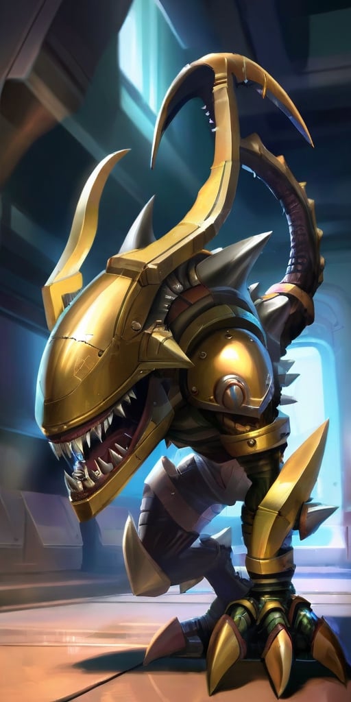 A creature with a body covered in sharp,  metallic plates that clank and clang as it moves. It has a large,  gaping maw fi...