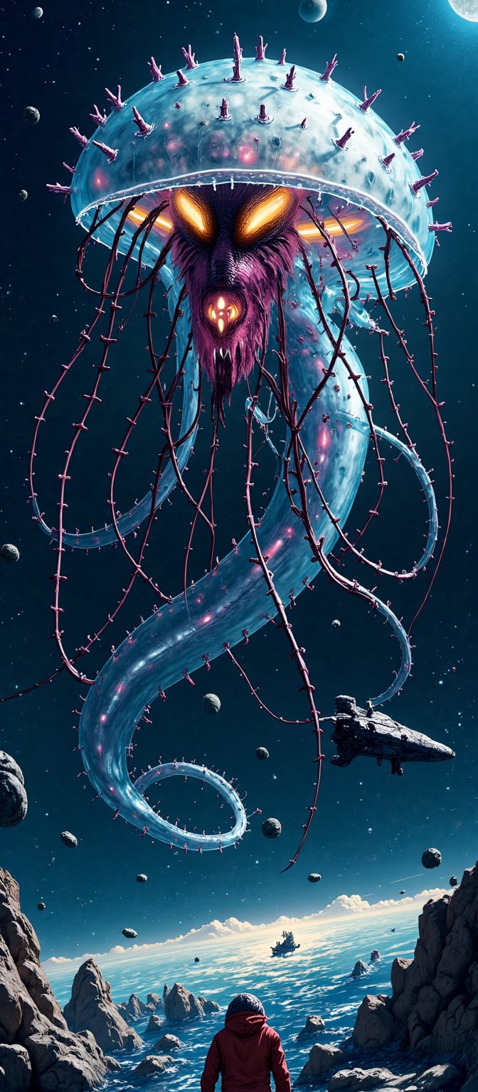 A monstrous alien entity floats menacingly in the vast emptiness of space,  with a serpentine body that twists and coils e...