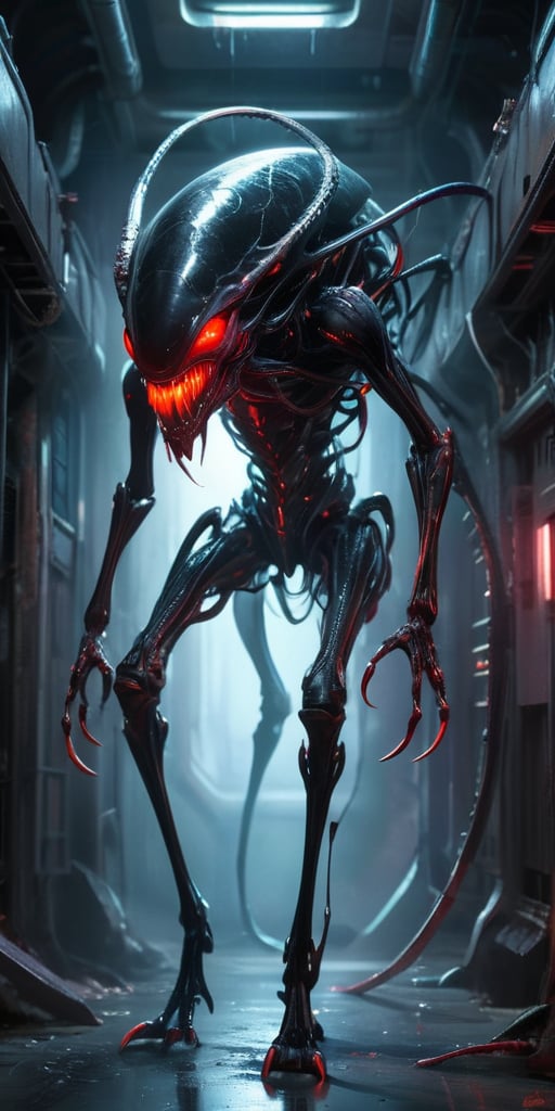 Lurking in the dark,  twisted corridors of an abandoned alien spaceship,  a terrifying creature with a sleek by Caption Ma...