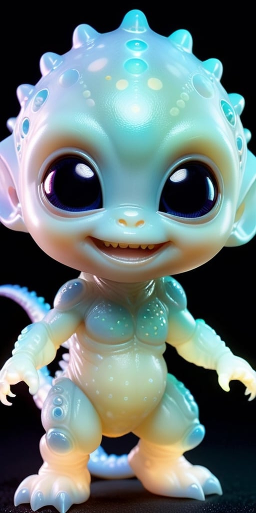 An alien infant with skin that is covered in tiny,  bioluminescent spots that glow softly in the dark. It has a round,  ch...