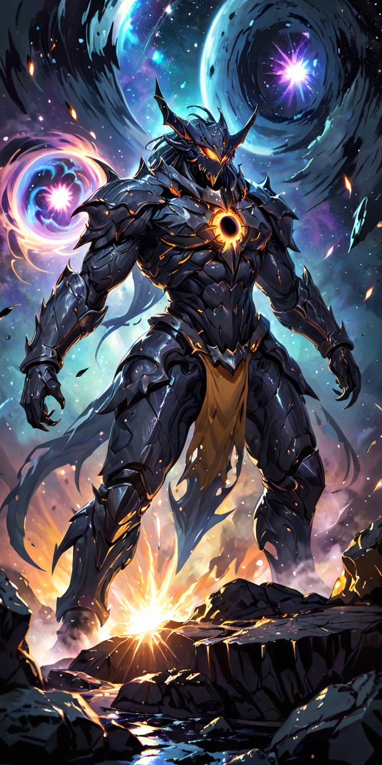 Alien Warlord:A fearsome alien warlord with armored plating and sharp,  clawed hands,  standing on a rocky outcrop in spac...