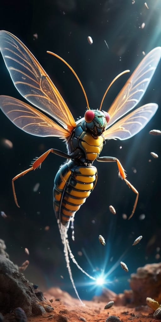 A swarm of small,  insect-like creatures with crystalline exoskeletons,  swarming around a disabled spacecraft like a clou...
