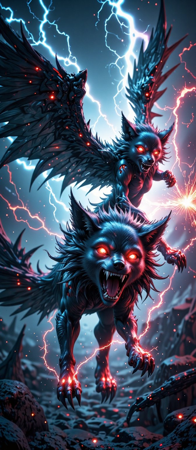 A pack of winged wolf-like creatures with glowing red eyes soar through a raging electrical storm. Their fur crackles with...