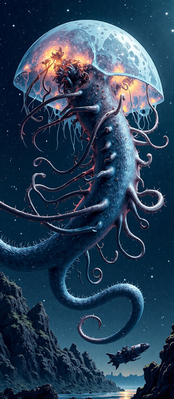 A monstrous alien entity floats menacingly in the vast emptiness of space,  with a serpentine body that twists and coils e...