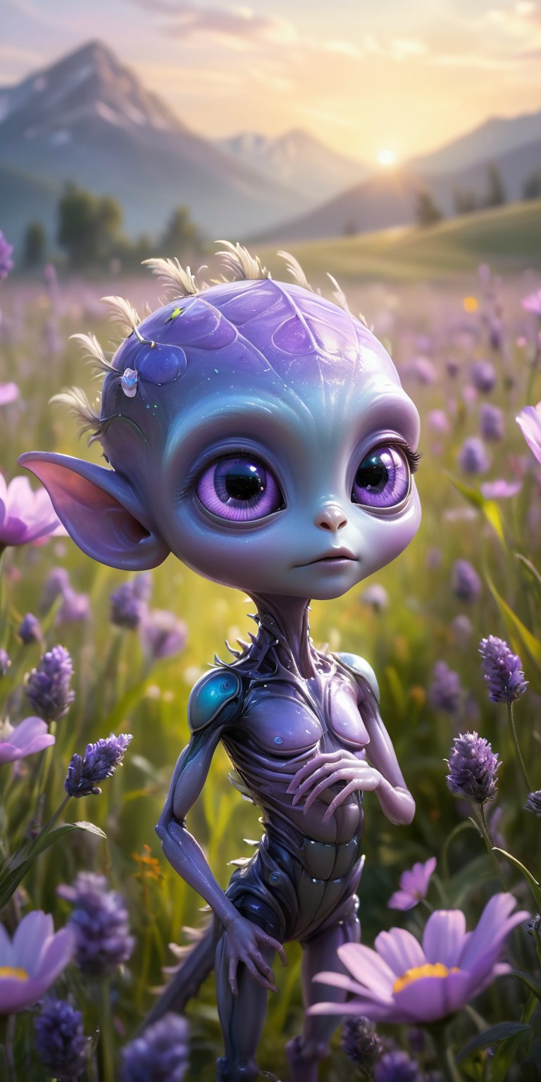 In a vibrant meadow filled with flowers that seem to hum with life,  a baby alien with smooth,  lavender skin and oversize...