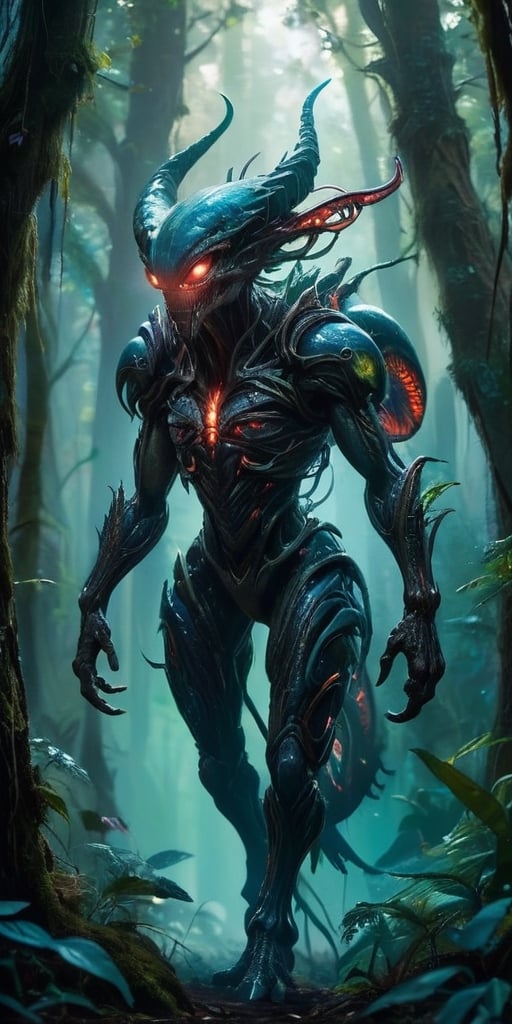 In the heart of a dense,  alien forest,  a monstrous alien hybrid stalks through the undergrowth. Its body is covered in t...