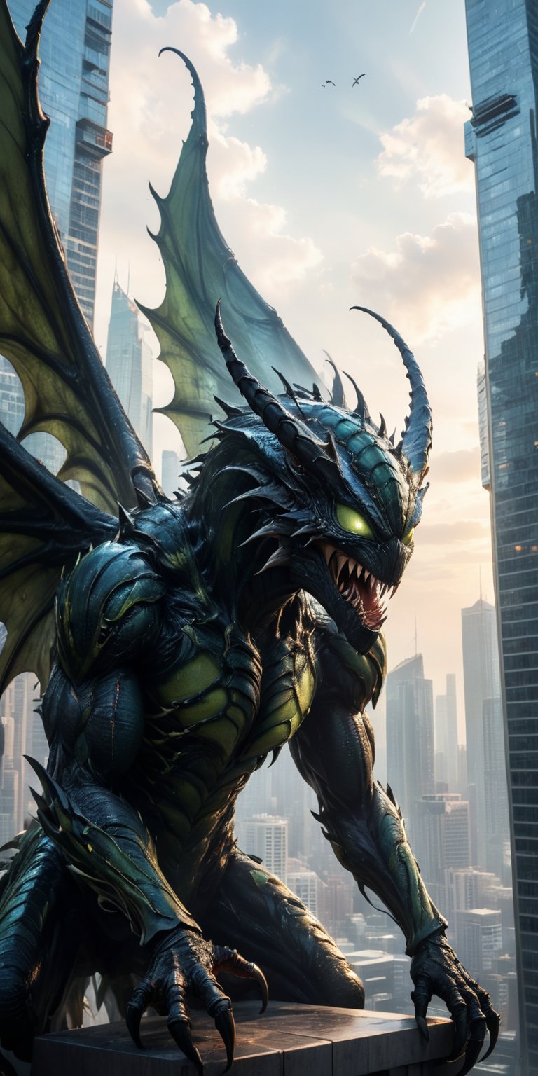 A colossal monstrosity with razor-sharp claws and insectoid wings tears through a skyscraper,  its serpentine body pulsati...
