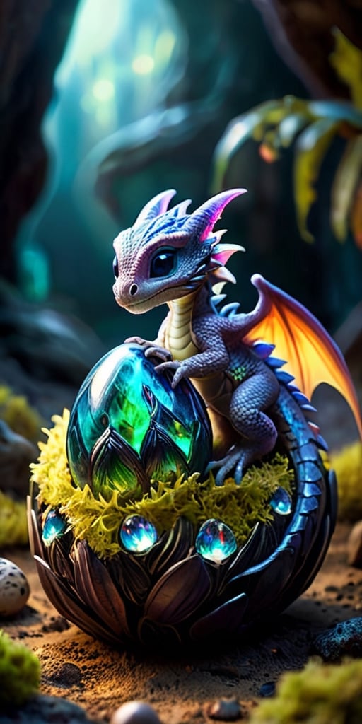 Hatchling in an Alien Nest On a barren moon's surface,  a baby dragon emerges from an egg nestled in an alien nest made of...