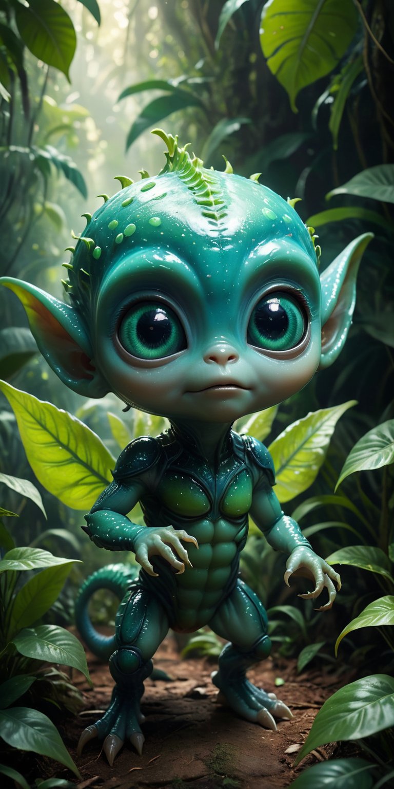 Amid the vibrant foliage of an alien jungle,  a baby alien with bright,  emerald-green skin and a small by Caption Master...