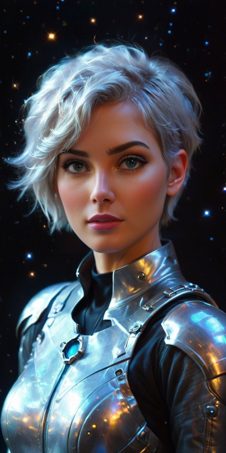 Cosmic Navigator A beautiful woman with short, silver hair and an air of confidence, clad in a sleek, minimalist spacesuit. She stands at the helm of a starship, with a large holographic map of the galaxy displayed before her and the stars glittering through the viewport.
