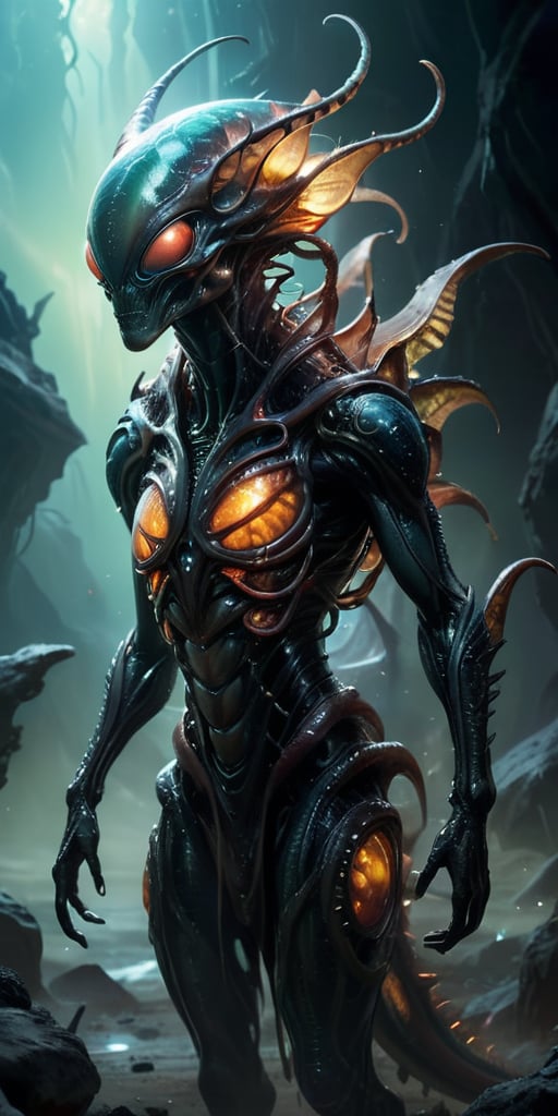 Standing in a desolate,  windswept wasteland,  an alien-monster hybrid with a translucent by Caption Master on Tensor.Art