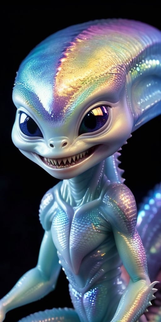 An alien infant with skin that is covered in tiny,  iridescent scales that shimmer in the light. It has a mouth that stret...