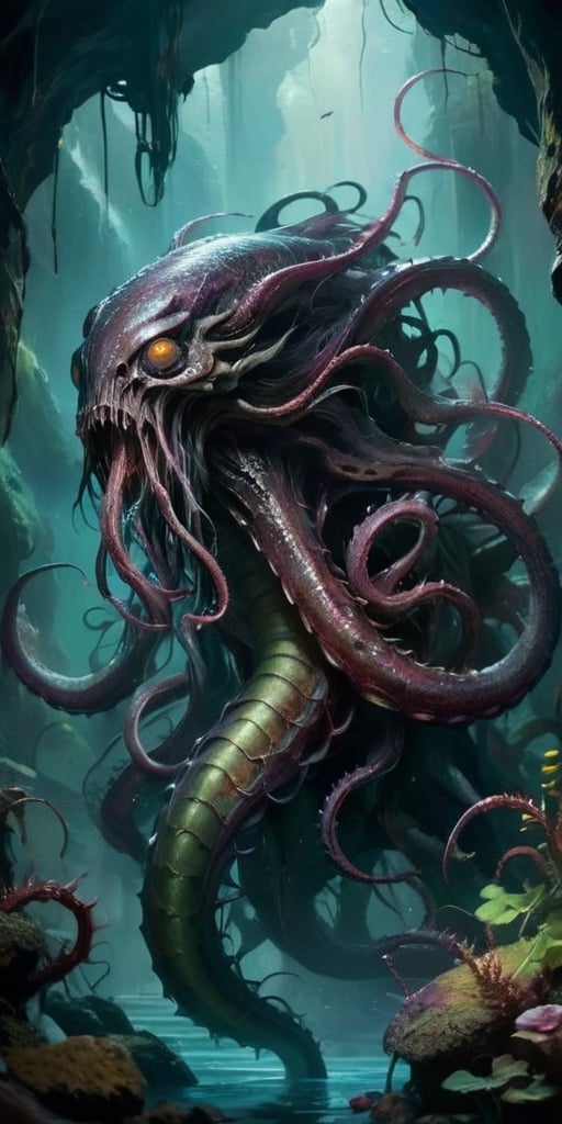 The Abyssal Devourer In the depths of a forgotten abyss,  a monstrous entity lurks. It possesses a serpentine body that un...