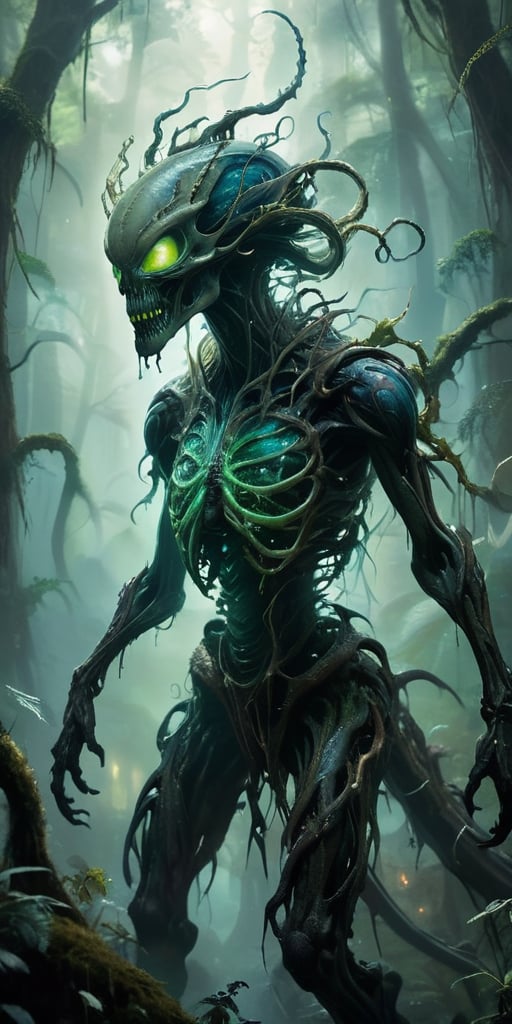 Emerging from a swirling,  ethereal mist,  a monstrous alien creature with a skeletal frame and bioluminescent by Caption...