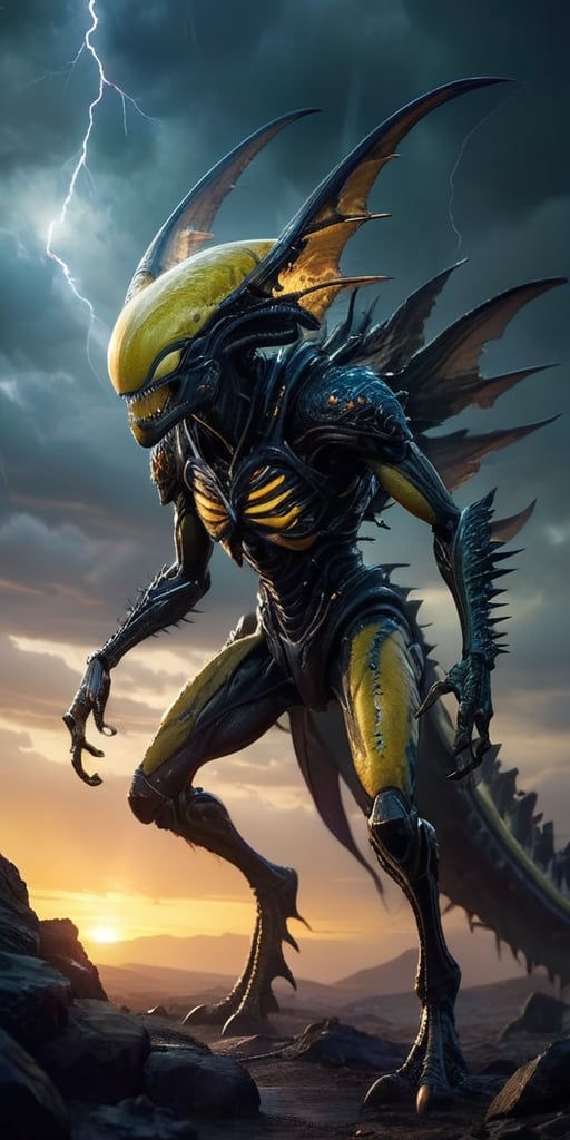 On a desolate,  windswept alien landscape,  a monstrous alien hybrid stalks its prey. Its body is covered in thick by Capt...