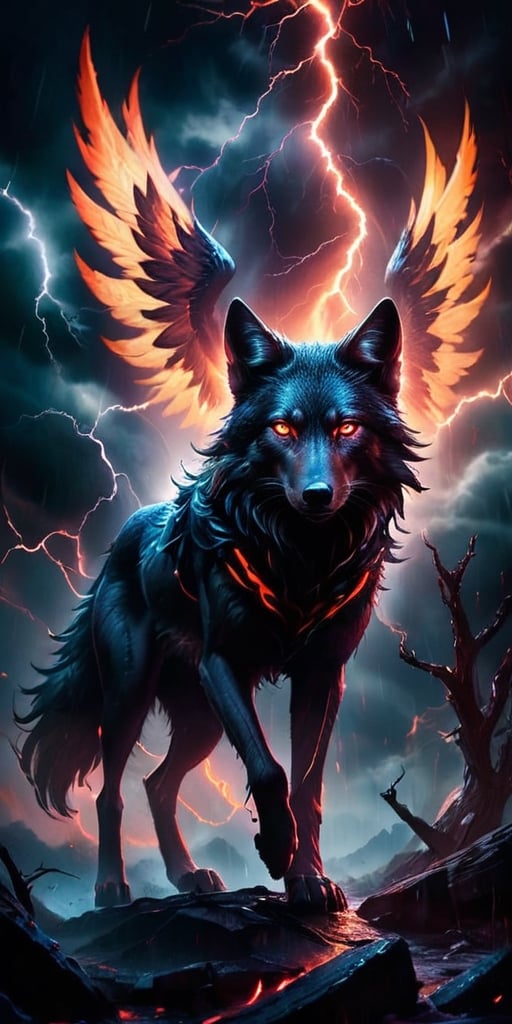 A pack of winged wolf-like creatures with glowing red eyes soar through a raging electrical storm. Their fur crackles with...