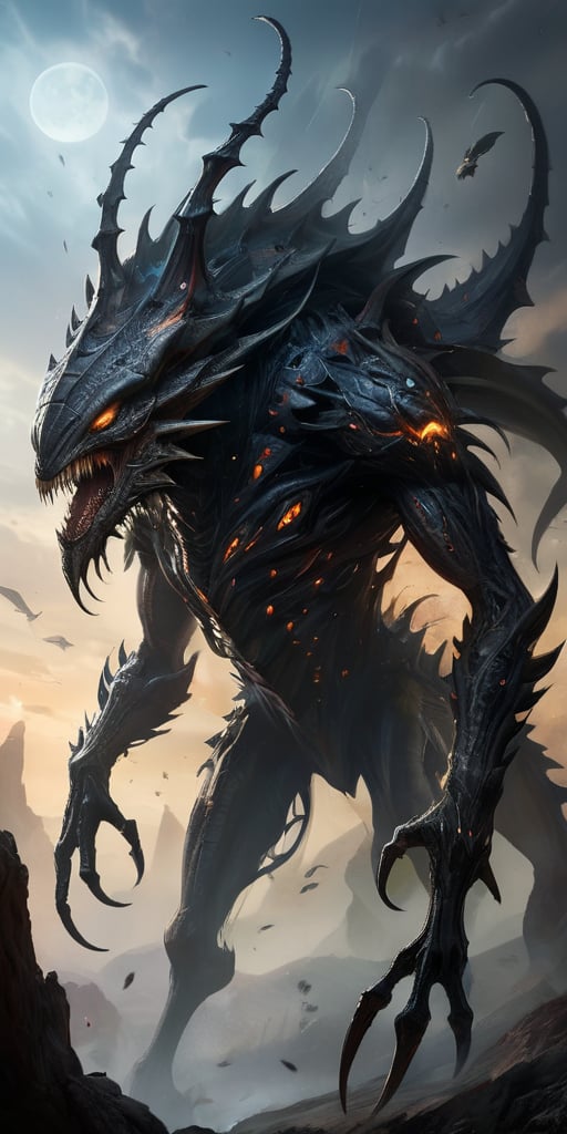 Emerging from a shadowy rift in the earth,  a colossal alien beast with a grotesque,  segmented body covered in hardened b...