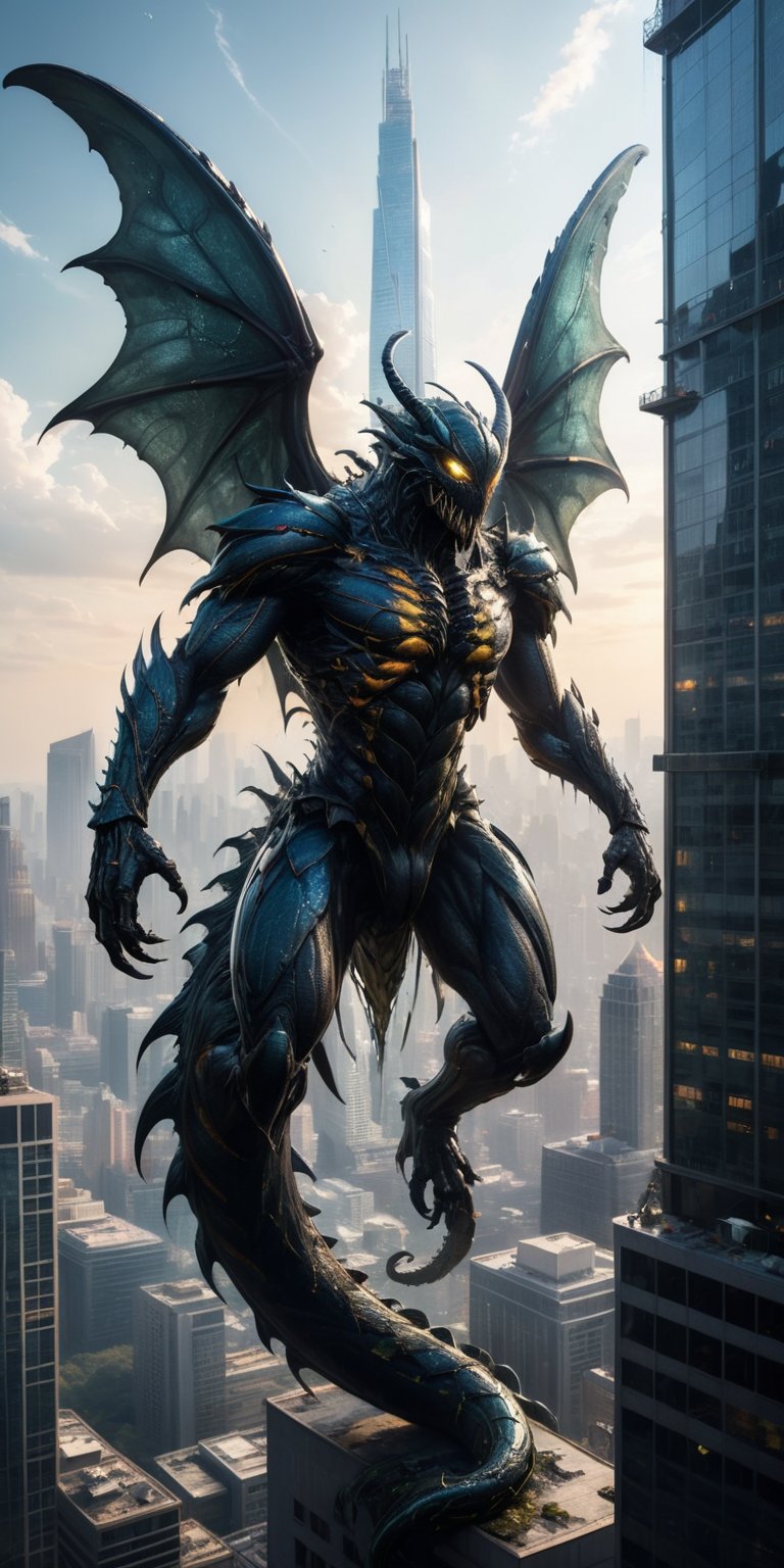 A colossal monstrosity with razor-sharp claws and insectoid wings tears through a skyscraper,  its serpentine body pulsati...