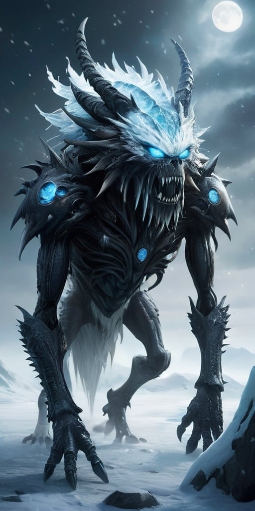 In the icy,  desolate wastelands of an alien moon,  a monstrous hybrid emerges from the frozen ground. Its body is a chill...