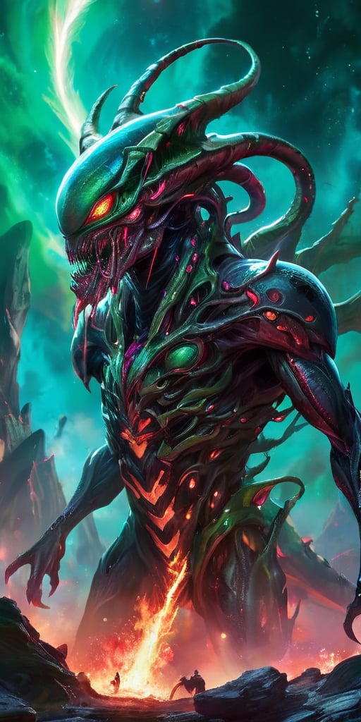 Create an image of a dangerous alien monster in space,  towering over a desolate alien landscape with dark,  armored scale...