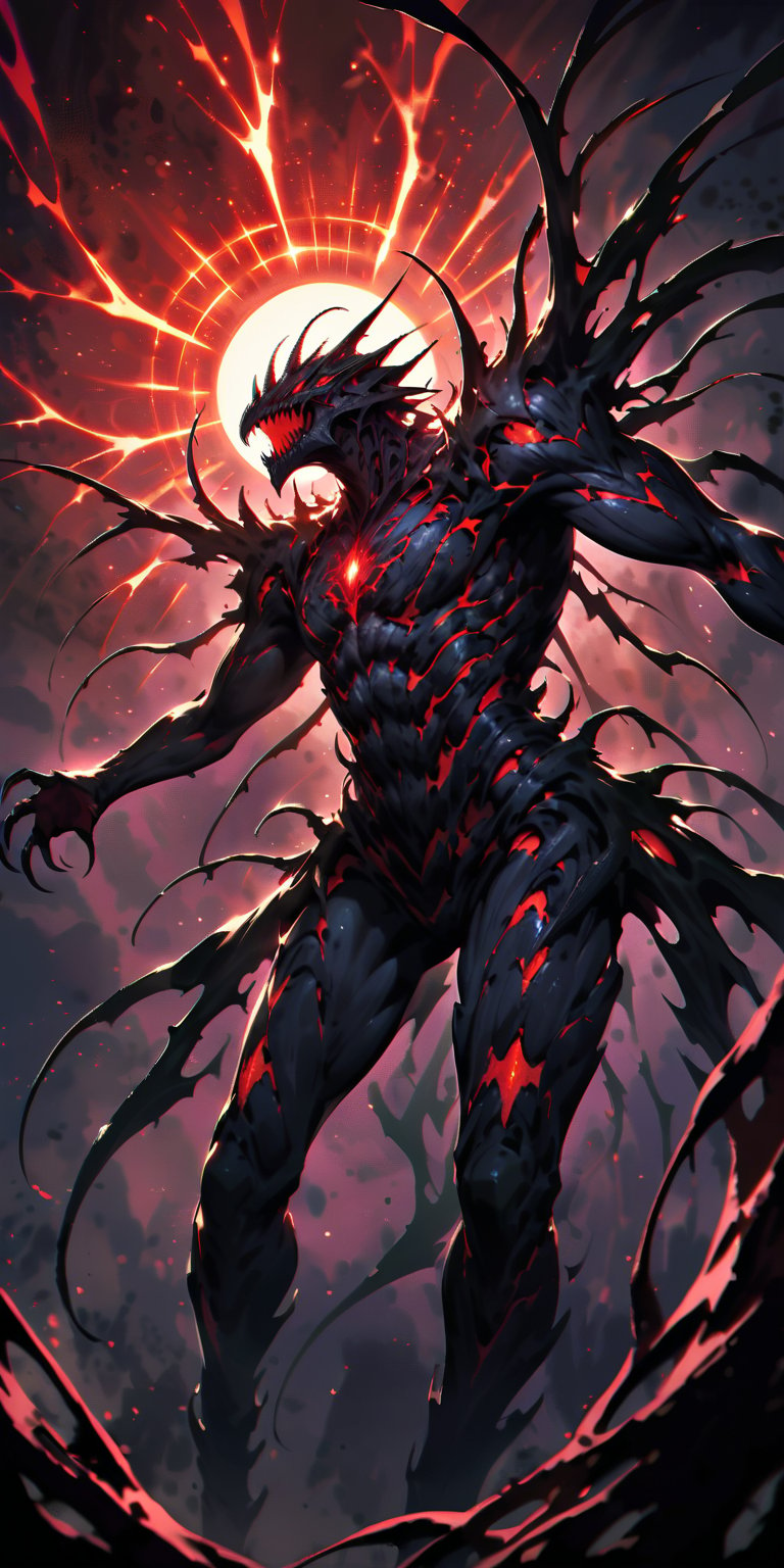 Cosmic Horror A grotesque alien monstrosity with a writhing mass of limbs, each ending in razor-sharp claws. Its body is covered in pulsating, bioluminescent patterns. The scene is set against the backdrop of a dying star, casting an eerie red glow.
