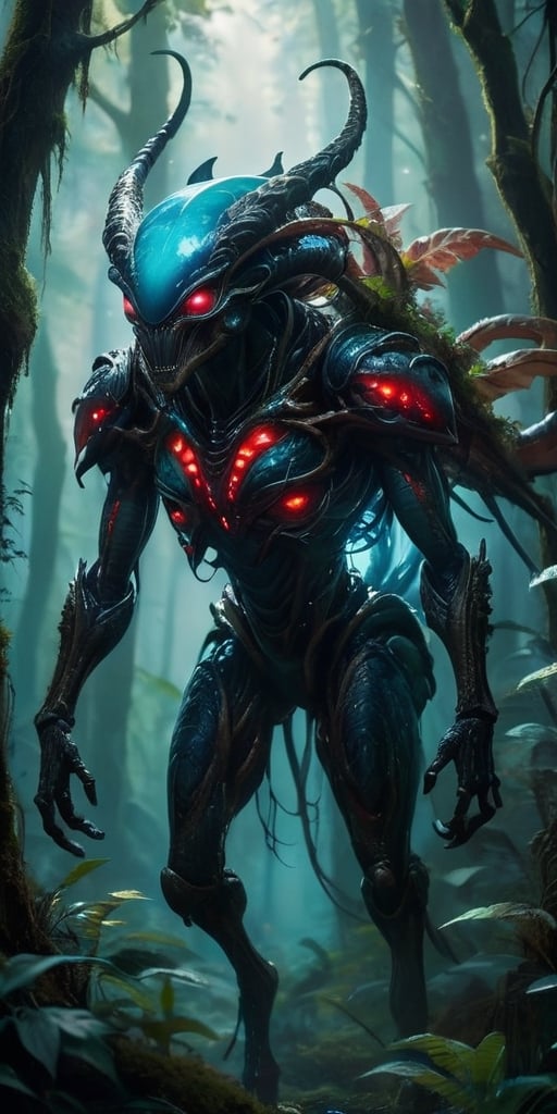 In the heart of a dense,  alien forest,  a monstrous alien hybrid stalks through the undergrowth. Its body is covered in t...