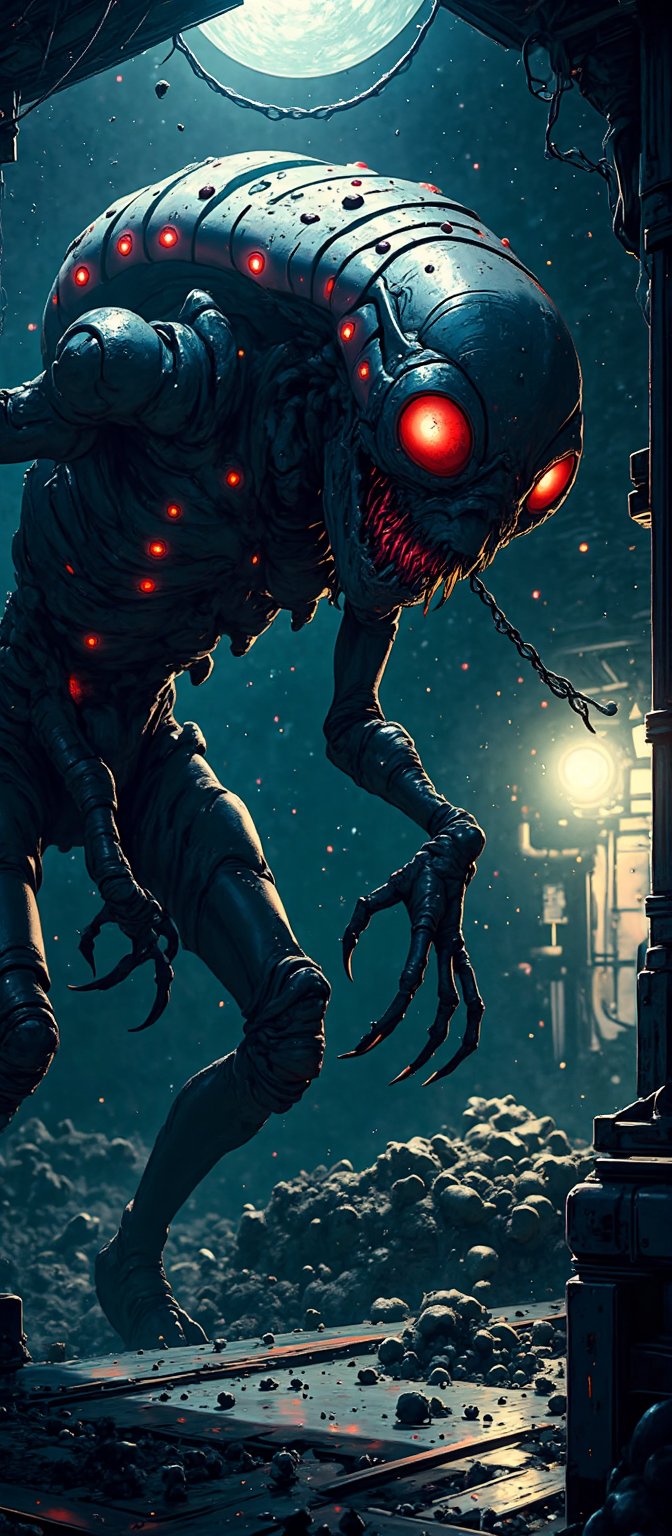 A terrifying alien monster emerges from the shadows of a desolate space station. The creature has a grotesque,  insectoid...