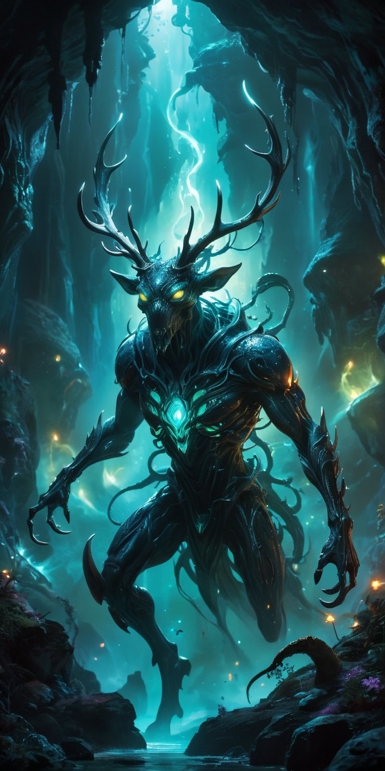 Deep within a bioluminescent cavern,  a serpentine alien with glowing eyes battles a grotesque stag with pulsating alien g...