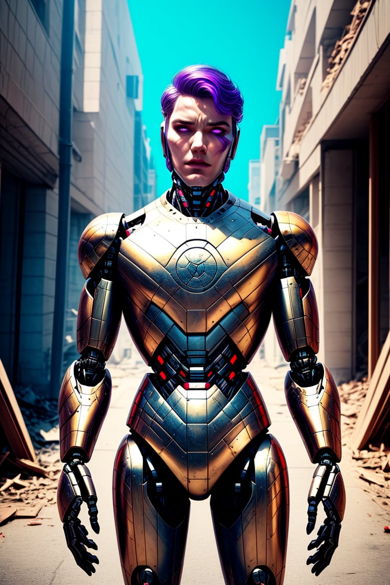 Robot, human like robot, cybernetic, standing near destroyed building , 30 year old man, black suit purple lighting, half
Human, half robot ,25D_Loras,no_humans,Detailedface, blue_eyes, gold hair, black armour, superheroes 