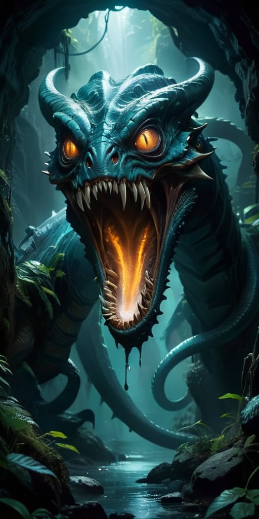 Slithering through the twisting,  narrow tunnels of an underground labyrinth,  a monstrous alien serpent with a chitinous...