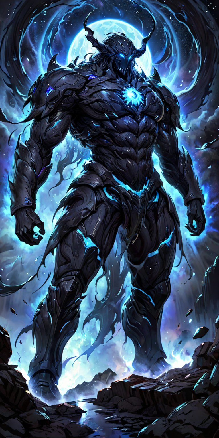 Void Titan:A gigantic alien titan with armored skin and glowing blue veins,  standing against a backdrop of swirling cosmi...