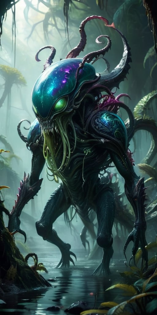A colossal alien-monster hybrid rises from a bubbling,  toxic swamp on an alien planet. Its body is covered in thick,  arm...