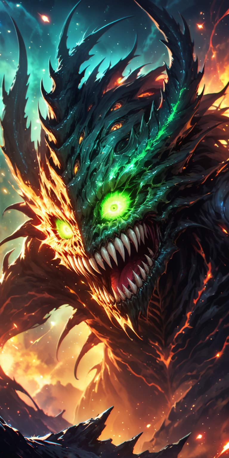 Alien Monster with Glowing Eyes:A terrifying alien monster with multiple eyes that glow neon green,  its sharp claws and j...