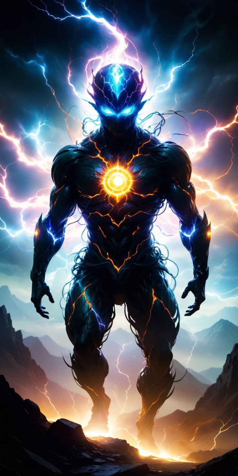 A creature that appears to be made entirely of energy,  with a shifting,  amorphous form that crackles with electricity. I...