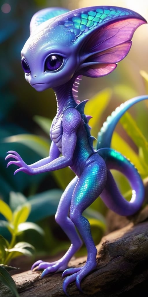 An alien infant with iridescent scales that shimmer in the sunlight. It has a long,  slender tail that it uses for balance...