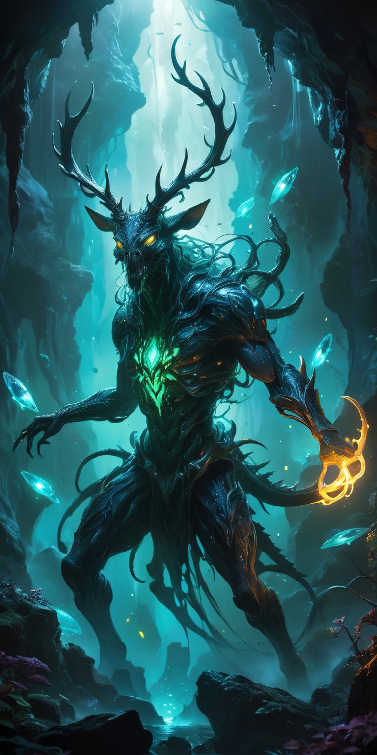 Deep within a bioluminescent cavern,  a serpentine alien with glowing eyes battles a grotesque stag with pulsating alien g...