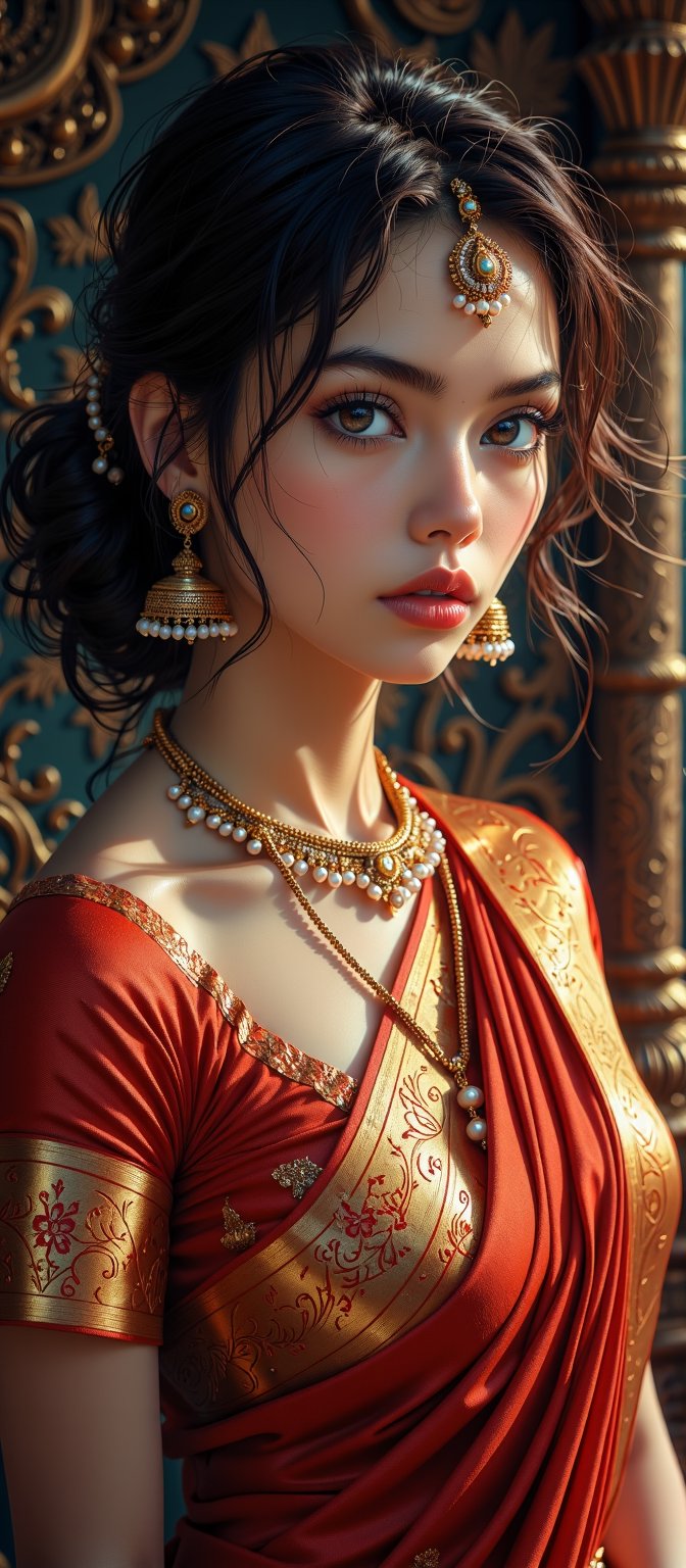 An Indian woman with a captivating gaze,  deep brown eyes,  and wavy hair styled in a loose bun. She is dressed in a red s...