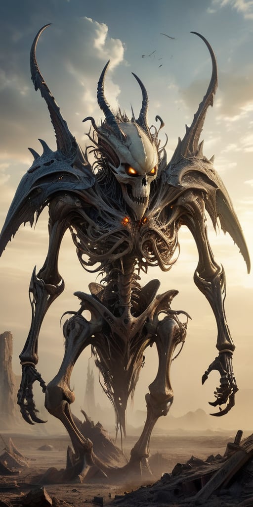 Roaming the barren,  ash-covered wasteland of a post-apocalyptic world,  a towering alien abomination with skeletal wings...
