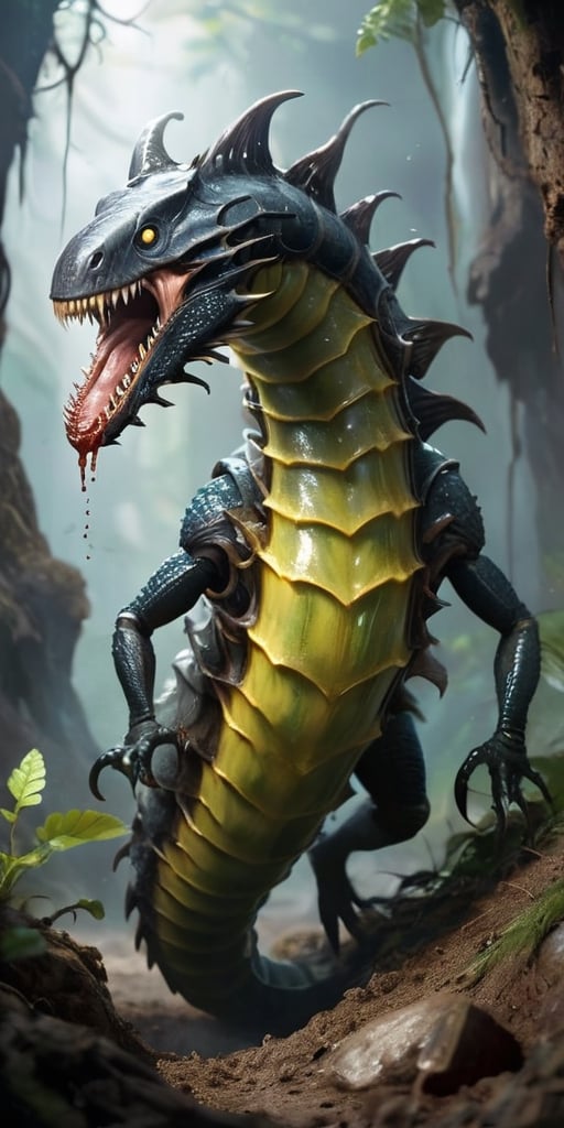 A massive,  worm-like creature that tunnels through the ground,  leaving destruction in its wake. It has a gaping maw line...