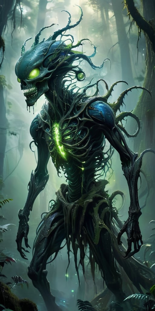 Emerging from a swirling,  ethereal mist,  a monstrous alien creature with a skeletal frame and bioluminescent by Caption...