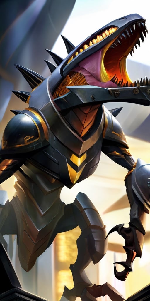 A creature with a body covered in sharp,  metallic plates that clank and clang as it moves. It has a large,  gaping maw fi...
