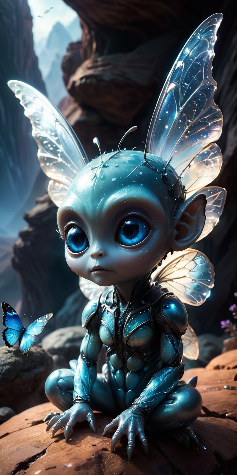 Sitting on a glowing,  crystalline ledge high above a vast alien landscape,  a baby alien with smooth by Caption Master on...