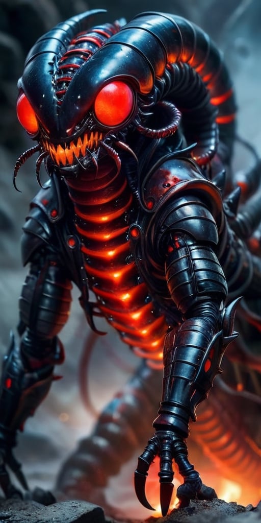 A colossal,  metallic centipede with glowing red eyes burrows through the ash of a desolate alien wasteland. Its segmented...