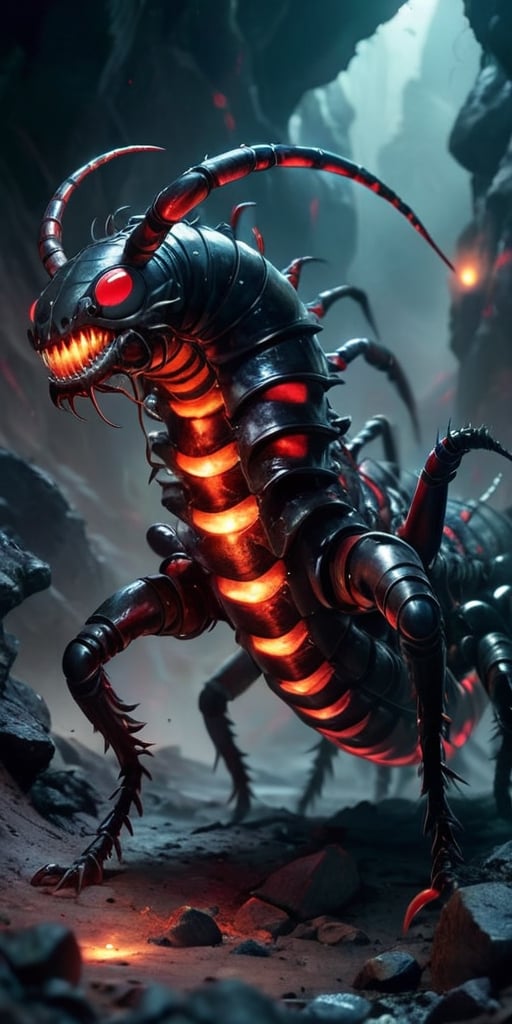 A colossal,  metallic centipede with glowing red eyes burrows through the ash of a desolate alien wasteland. Its segmented...