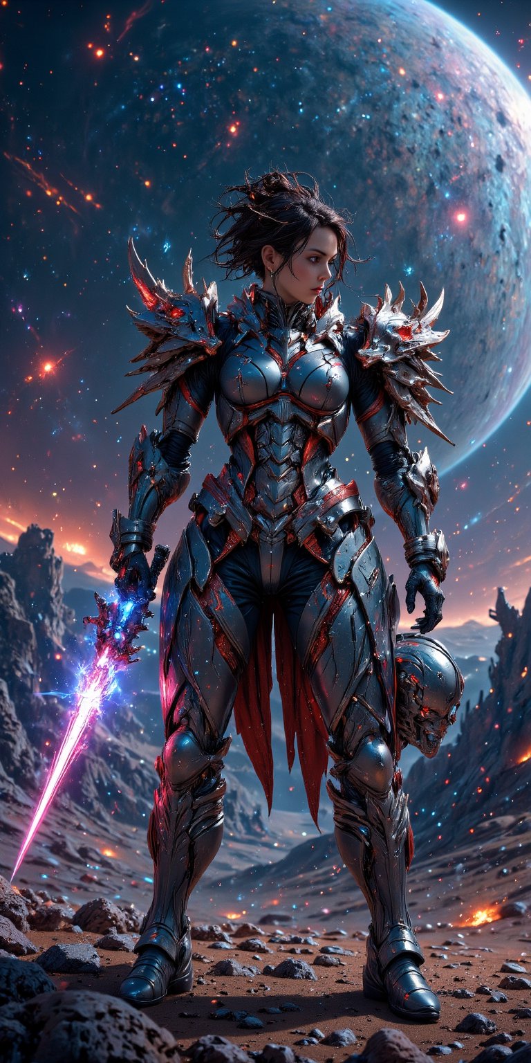 Galactic Warrior A fierce woman in futuristic armor with glowing accents,  holding a plasma sword and standing on a desola...