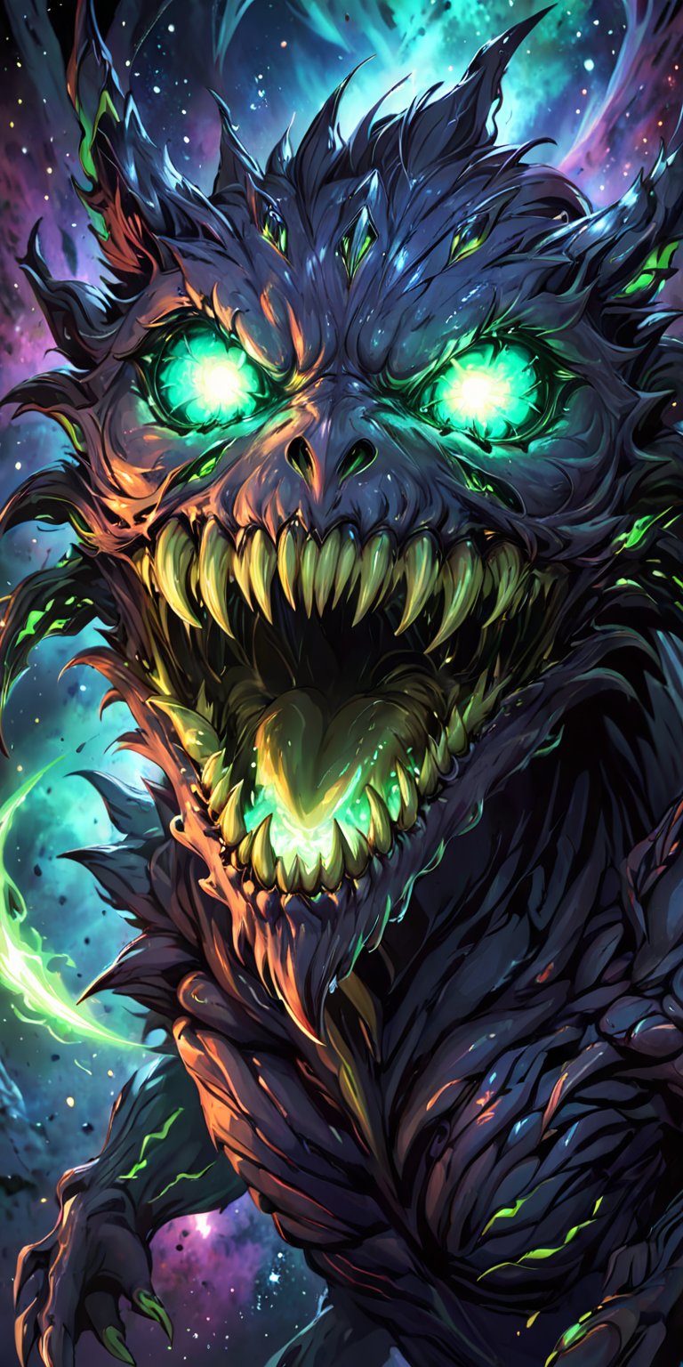 Alien Monster with Glowing Eyes:A terrifying alien monster with multiple eyes that glow neon green,  its sharp claws and j...