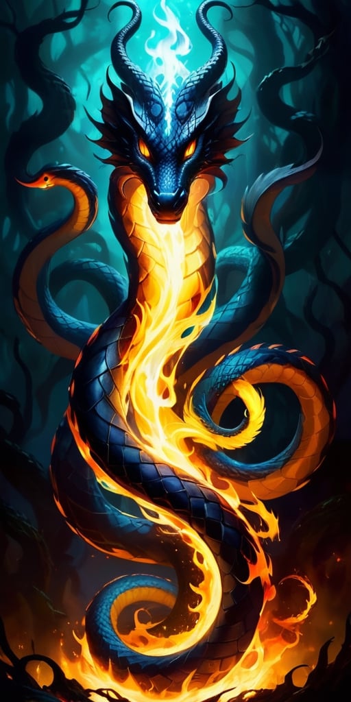 The Shadowflame Hydra A multi-headed serpent,  each head wreathed in shadowy flames,  its eyes glowing with an eerie light...