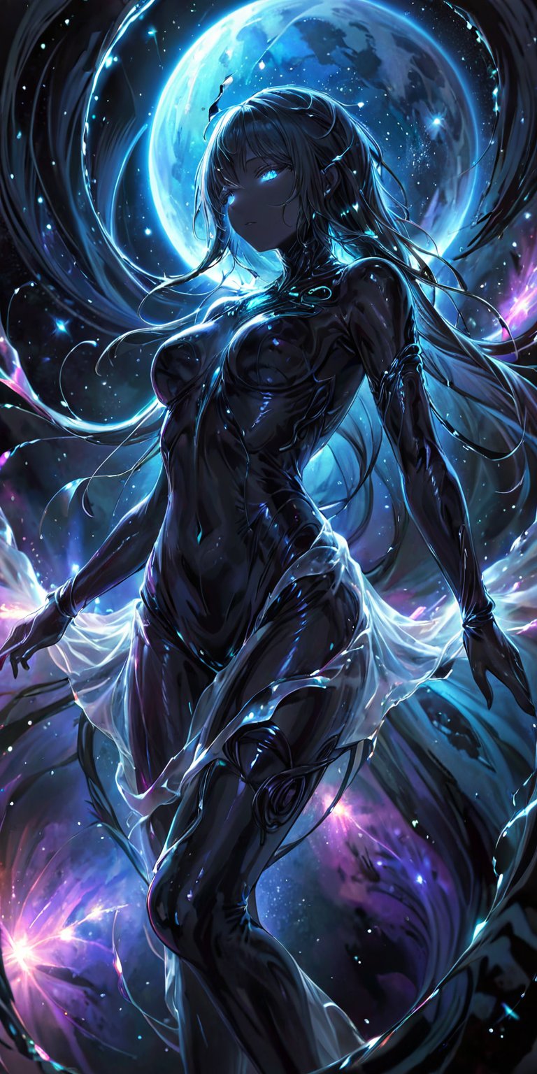 Alien Wraith:A ghostly alien figure with flowing tendrils and a semi-transparent body,  drifting ominously through space....