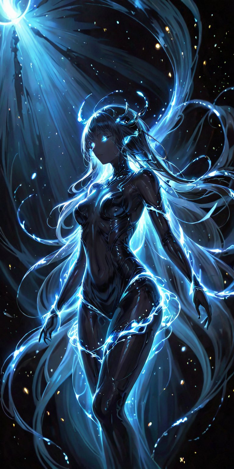 Alien Wraith:A ghostly alien figure with flowing tendrils and a semi-transparent body,  drifting ominously through space....